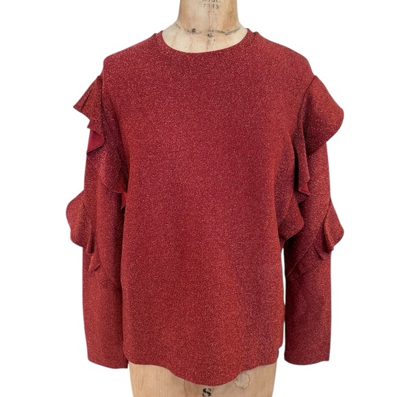 Anthropologie Scotch & Soda Red Melodie Metallic Shimmer Ruffle Blouse Size S - Picture 2 of 6